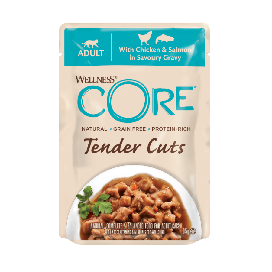 Wellness Core Tender Cuts frango e salmão saquetas para gatos